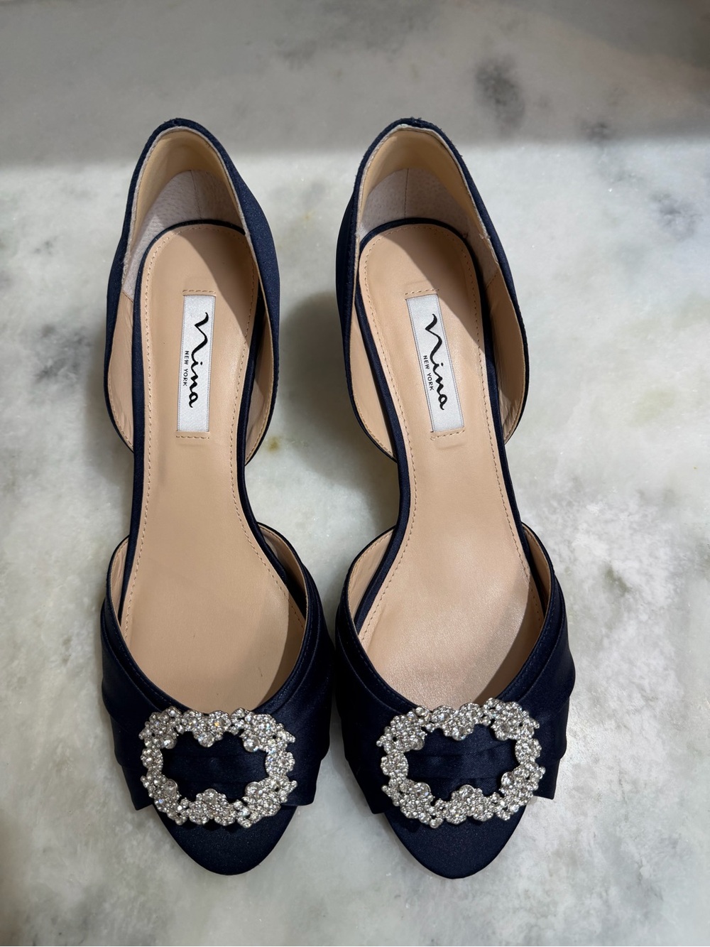 Nina Navy Satin D'Orsay Heels with Crystal Buckle